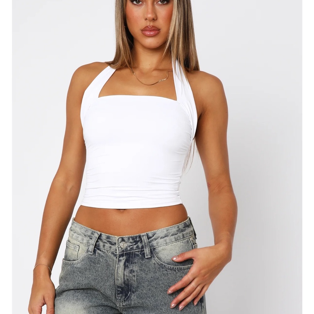 White Fox Boutique White Halter Square-Neck Crop Tank - Picture 2 of 4
